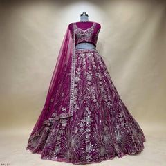 Wine cocktail lehenga with silver beadwork bodice, skirt, and sheer dupatta