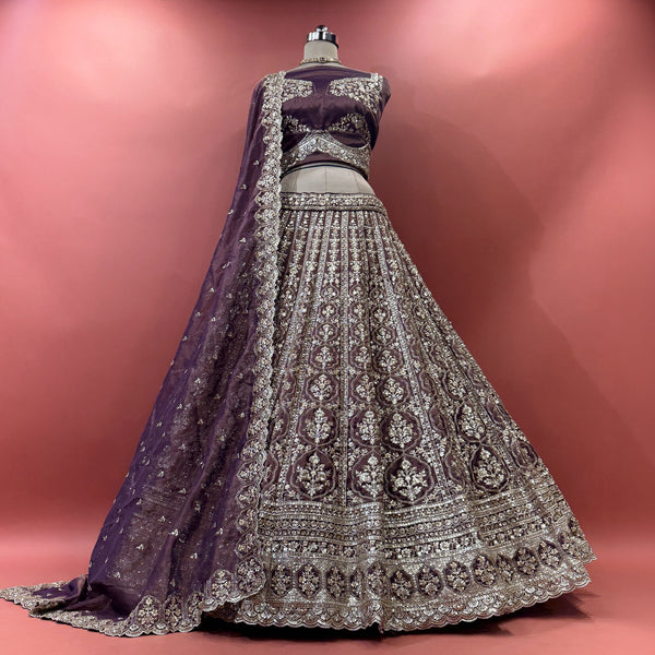 Wine lehenga with silver-gold sequin and cutdana embroidery, full flared skirt
