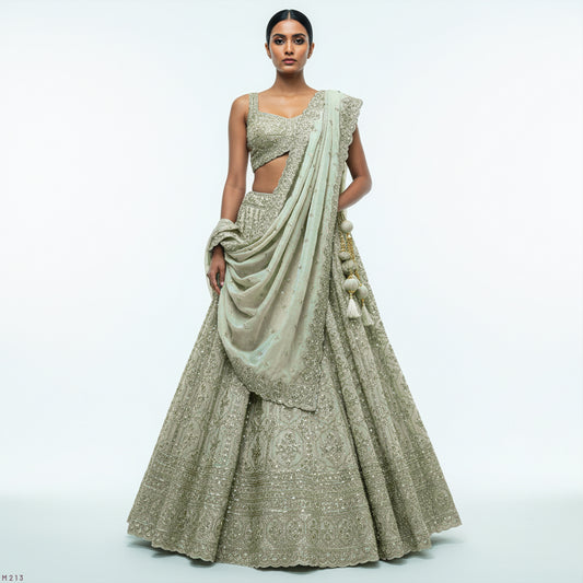 Damsel - Tissue Silk Handwork Ivory Couture Designer Lehenga