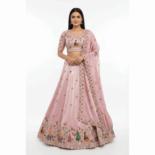 Baby pink designer lehenga with embroidered blouse and floral motif skirt