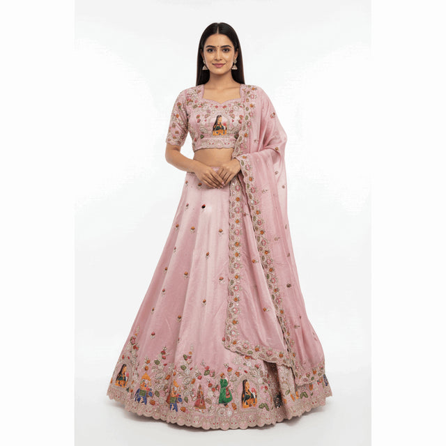Baby pink designer lehenga with embroidered blouse and floral motif skirt