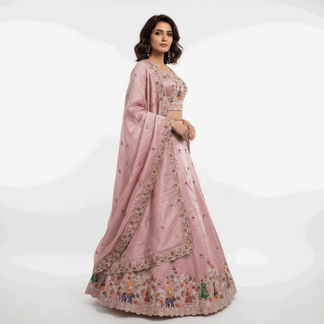 Pink designer lehenga set with floral motifs, embroidered border, flared scalloped hem