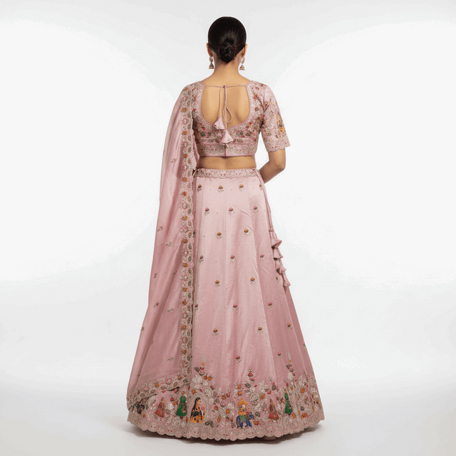 Pink designer lehenga set, back keyhole detail and embroidered panel, scalloped hem