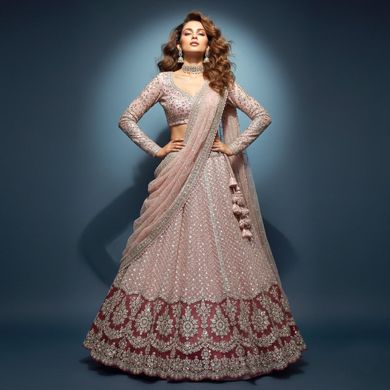 Jazzagals - Delicate Pearl Cutdana Handwork Couture Lehenga Peach