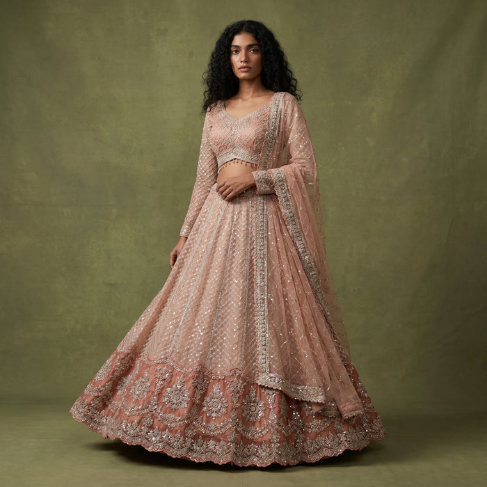 Celestial Collection: Peach Pearl & Cutdana Handwork Ready-to-Wear Sangeet & Engagement Lehenga