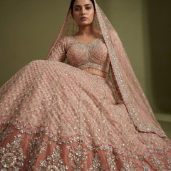 Peach lehenga bodice with V-neck embroidery and sheer dupatta with detailed border