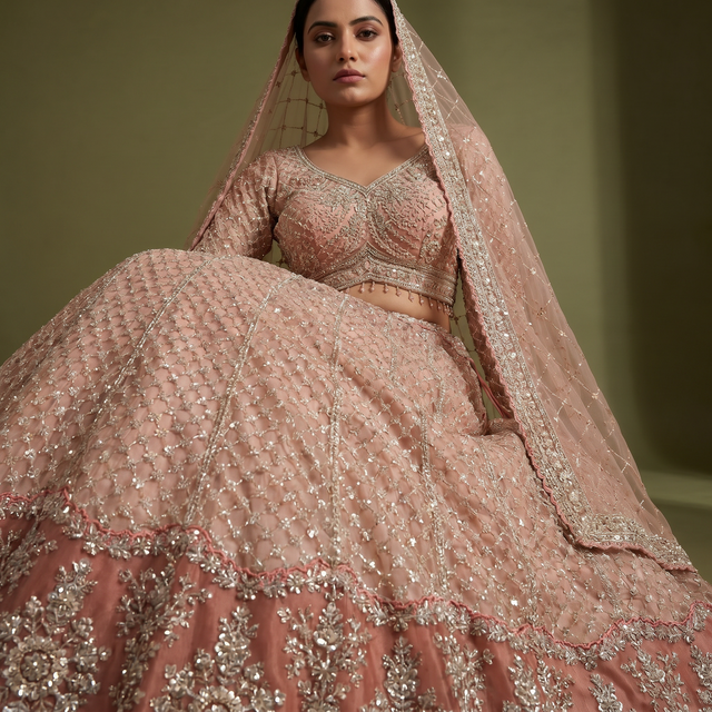 Peach semi-sheer dupatta and fitted blouse with silver-gold beadwork and neckline embroidery