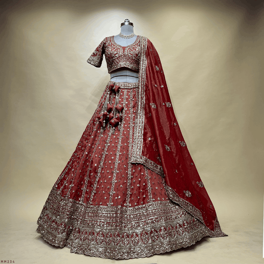 Damsel - Tissue Silk Handwork Rust Orange Designer Lehenga