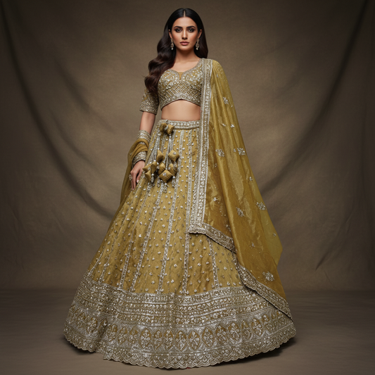 Damsel - Tissue Silk Handwork Somber Yellow  Designer Lehenga