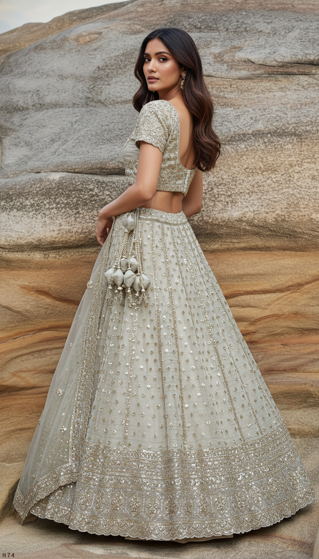Ivory lehenga skirt with allover beadwork, border trim, and dangling tassel accents