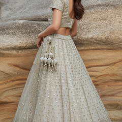 Damsel - Tissue Silk Handwork Ivory Couture Designer Lehenga