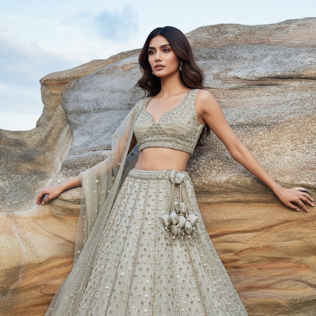 Ivory lehenga set with embellished crop top, draped dupatta, and beadwork skirt