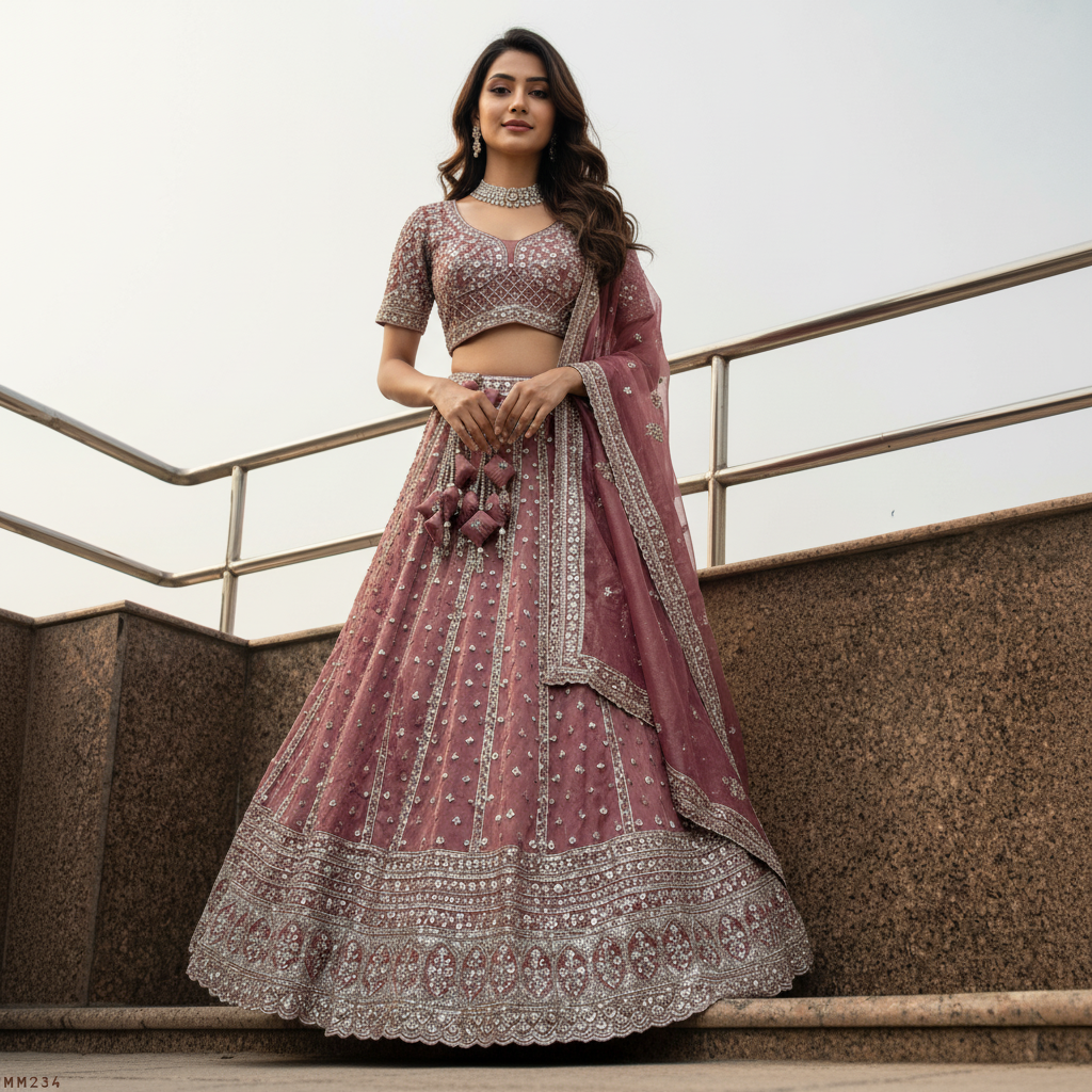 Damsel - Tissue Silk Handwork Soft Mauve Designer Lehenga