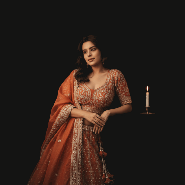 Orange lehenga with short-sleeve blouse, deep V yoke, silver embroidered trim and belt