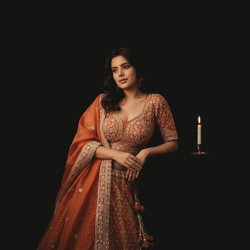 Orange lehenga with short-sleeve blouse, deep V yoke, silver embroidered trim and belt