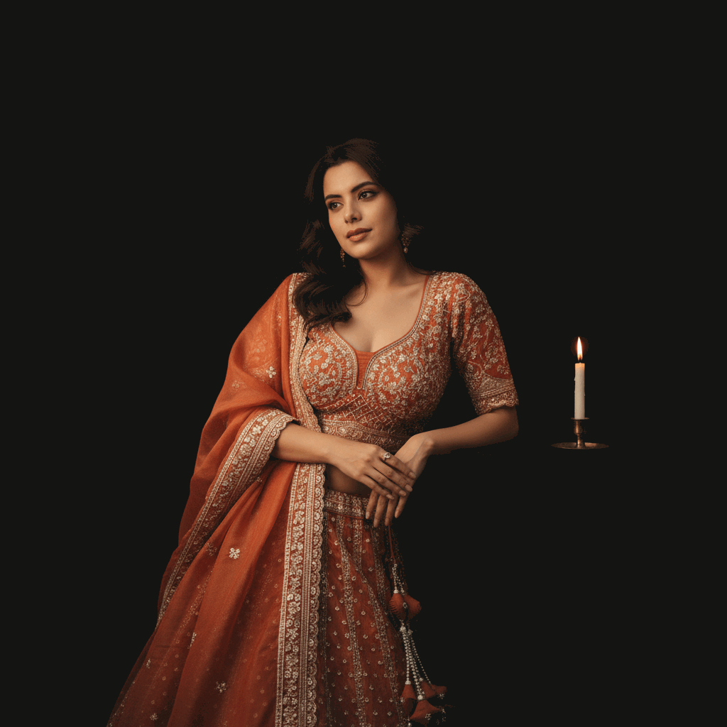 Damsel - Tissue Silk Handwork Rust Orange Couture Designer Lehenga