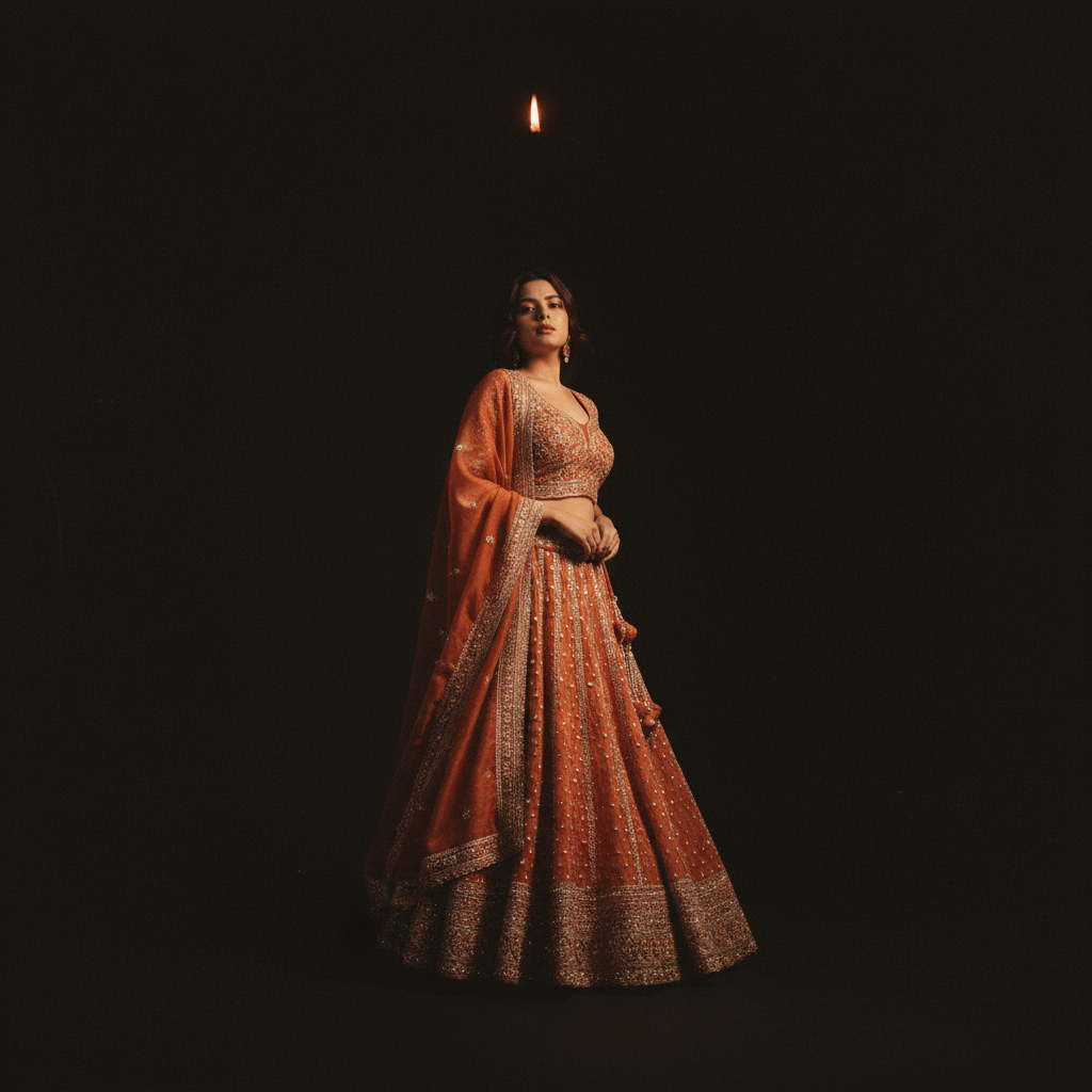 Damsel - Tissue Silk Handwork Rust Orange Couture Designer Lehenga