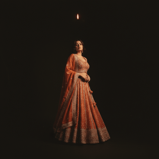Damsel - Tissue Silk Handwork Rust Orange Couture Designer Lehenga