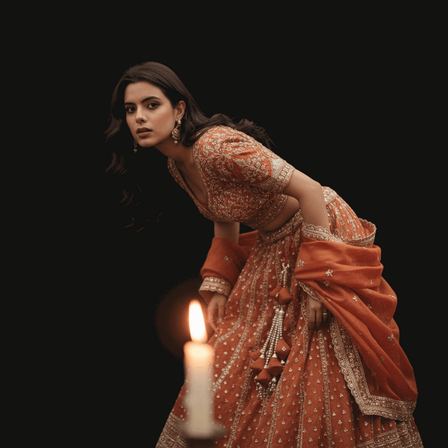 Orange lehenga with silver embroidered bodice and flowing skirt, tassel trim at hem