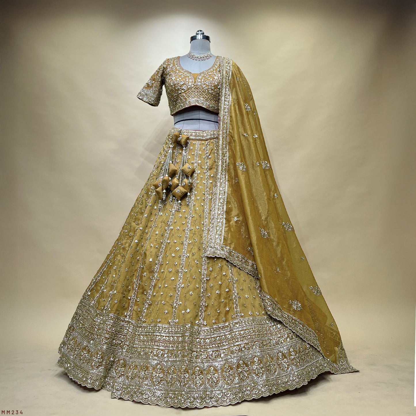 Damsel - Tissue Silk Handwork Somber Yellow  Designer Lehenga