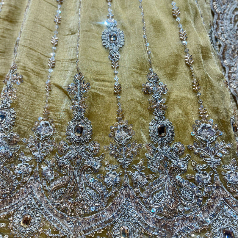 Damsel - Topaz Stone Setting Tissue Handwork Lehenga - Somber Yellow