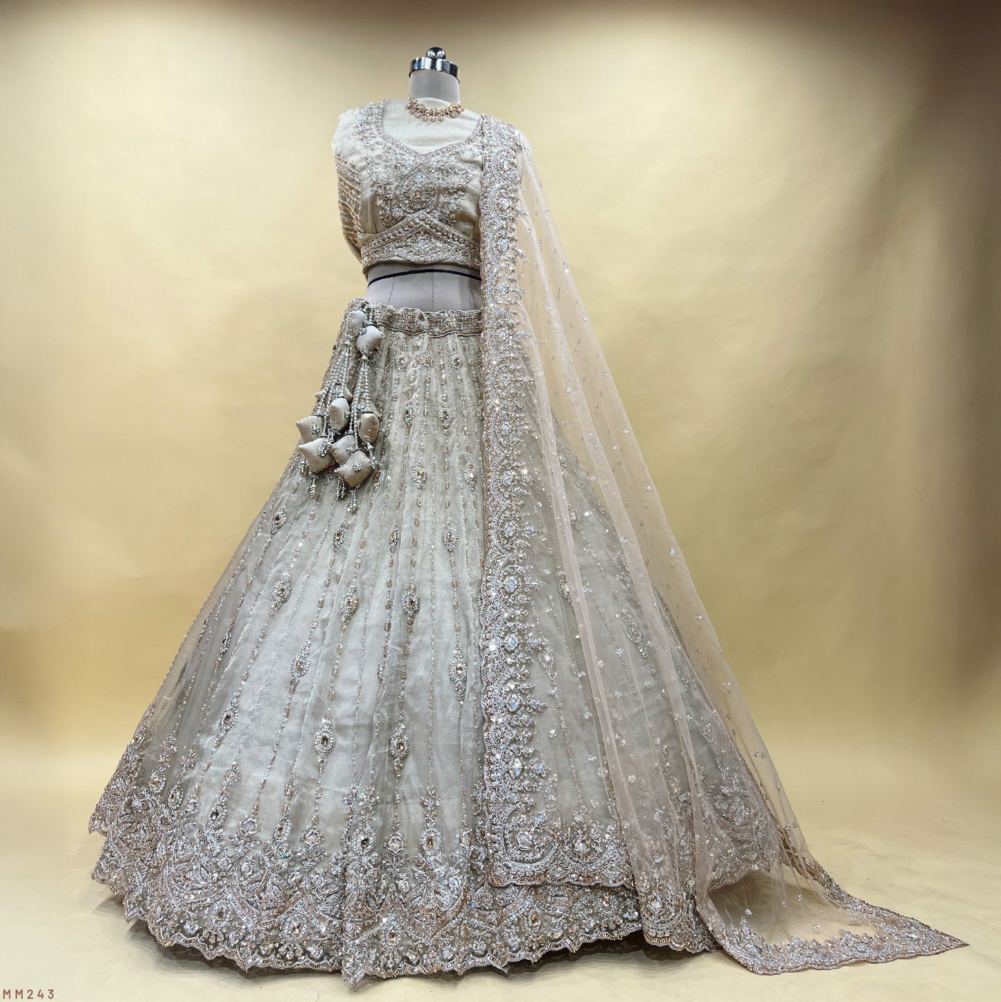 Damsel - Topaz Stone Setting Tissue Handwork Lehenga - Ivory White