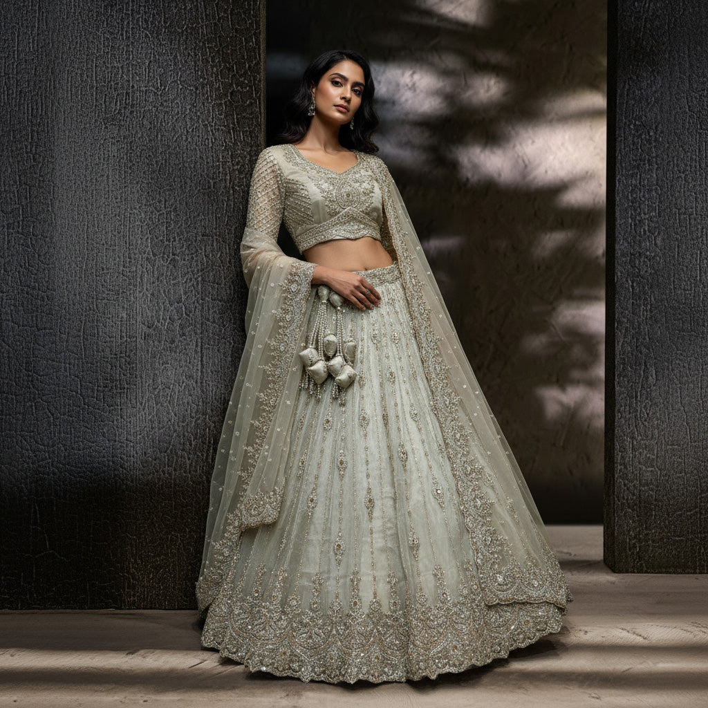 Damsel - Topaz Stone Setting Tissue Handwork Lehenga - Ivory White