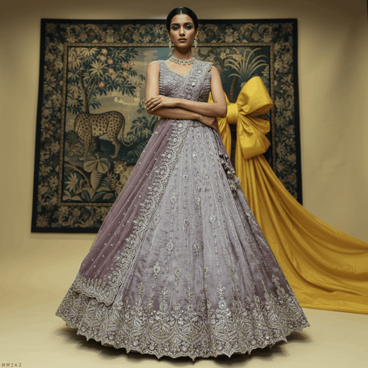Damsel - Topaz Stone Setting Tissue Handwork Lehenga - Dreamy Lilac