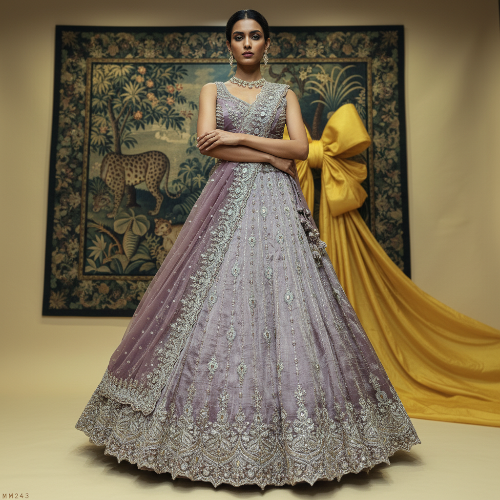 Damsel - Topaz Stone Setting Tissue Handwork Lehenga - Dreamy Lilac