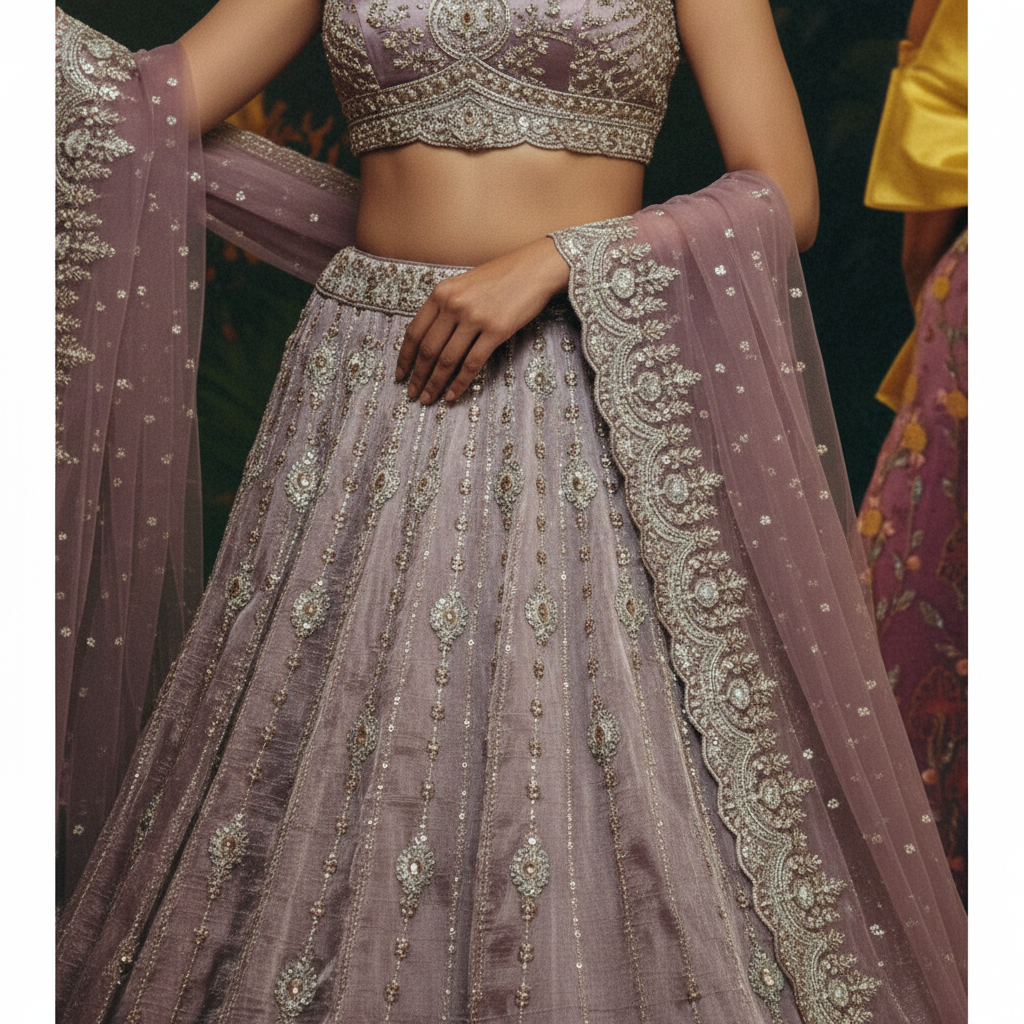 Damsel - Topaz Stone Setting Tissue Handwork Lehenga - Dreamy Lilac
