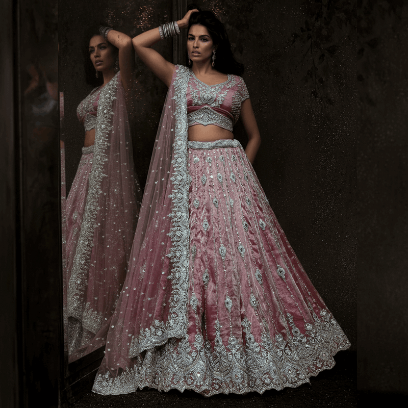 Damsel - Topaz Stone Setting Tissue Handwork Lehenga - Muted Salmon