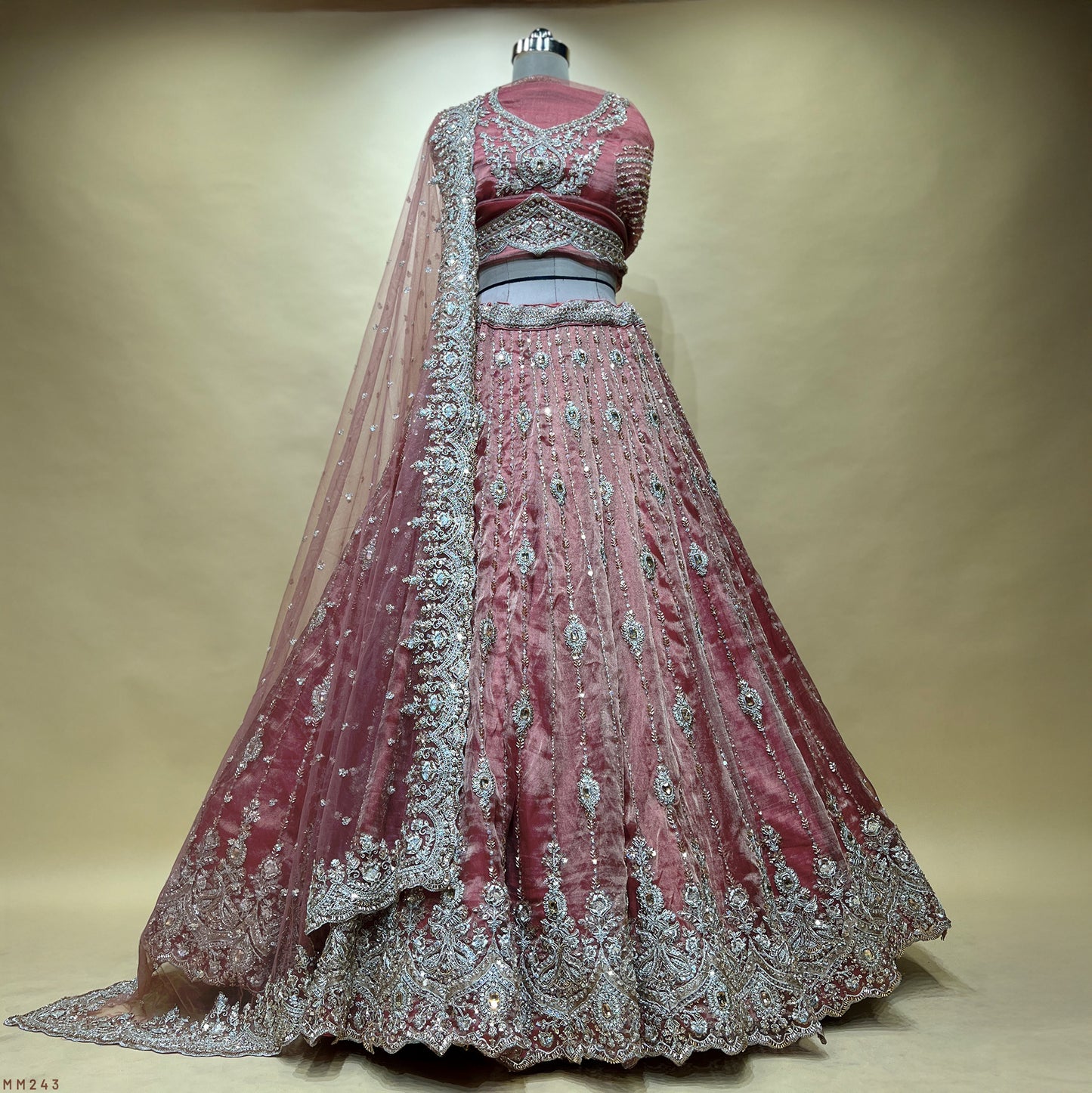 Damsel - Topaz Stone Setting Tissue Handwork Lehenga - Muted Salmon