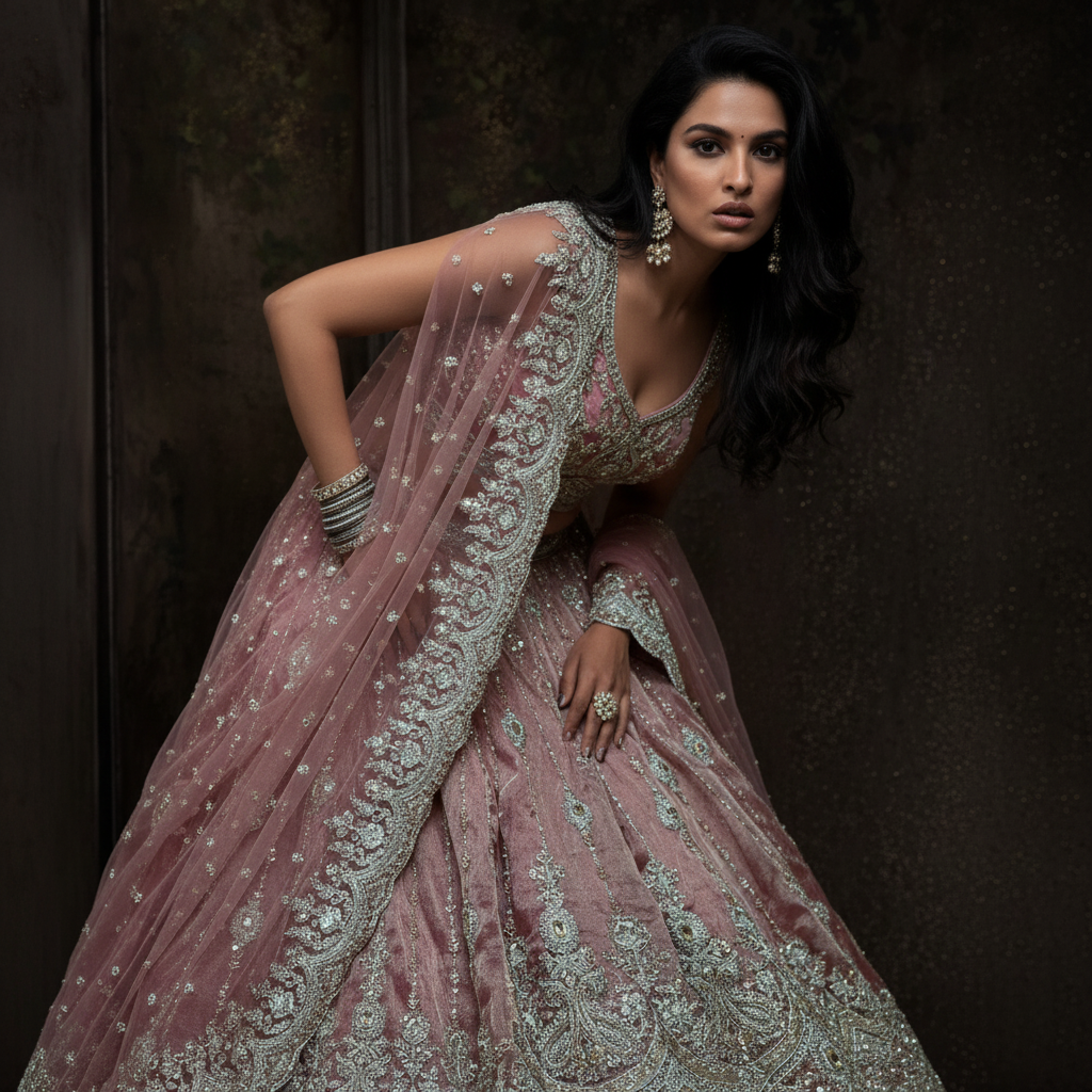 Damsel - Topaz Stone Setting Tissue Handwork Lehenga - Muted Salmon