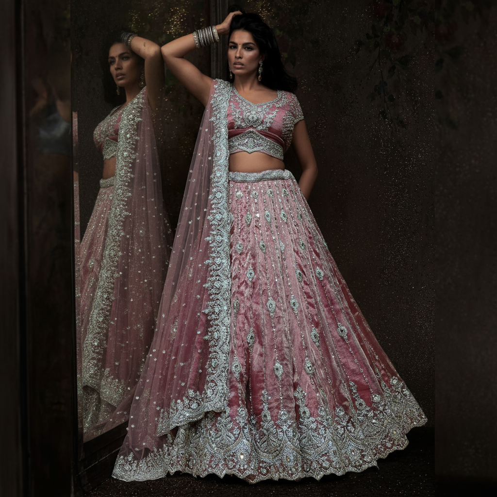 Damsel - Topaz Stone Setting Tissue Handwork Lehenga - Muted Salmon