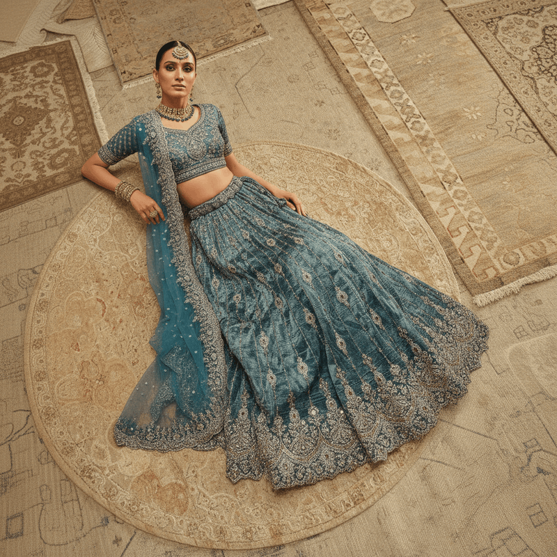 Teal lehenga set with embroidered blouse and flared skirt, gold stone trim