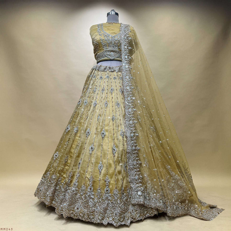 Damsel - Topaz Stone Setting Tissue Handwork Lehenga - Somber Yellow