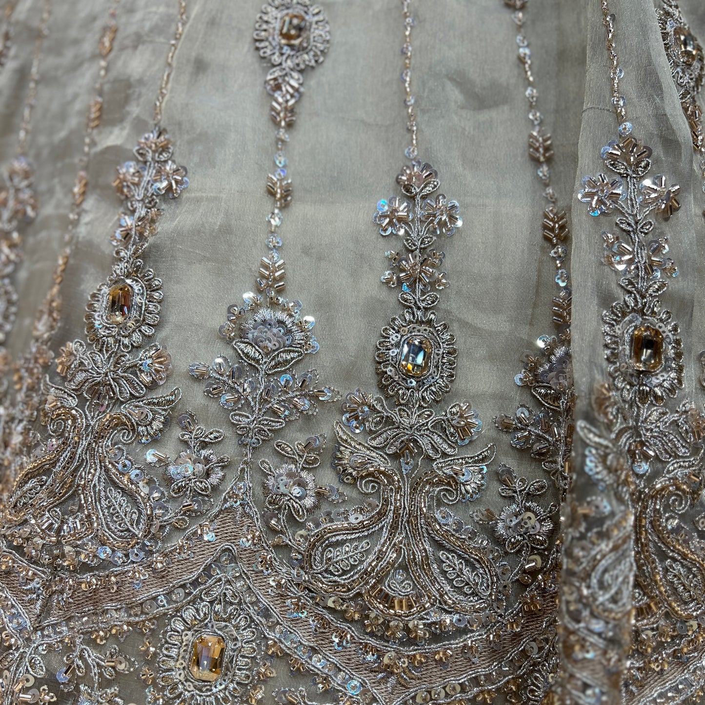 Damsel - Topaz Stone Setting Tissue Handwork Lehenga - Ivory White