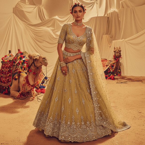 Damsel - Topaz Stone Setting Tissue Handwork Lehenga - Somber Yellow