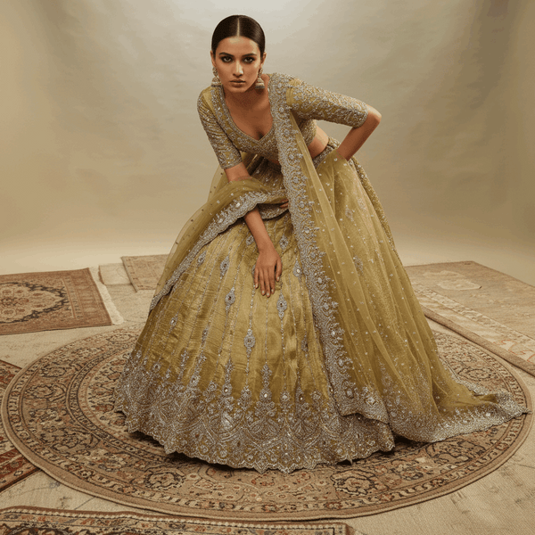 Damsel - Topaz Stone Setting Tissue Handwork Lehenga - Somber Yellow