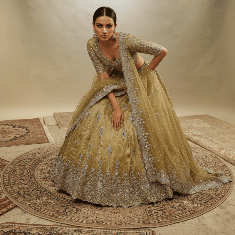 Damsel - Topaz Stone Setting Tissue Handwork Lehenga - Somber Yellow