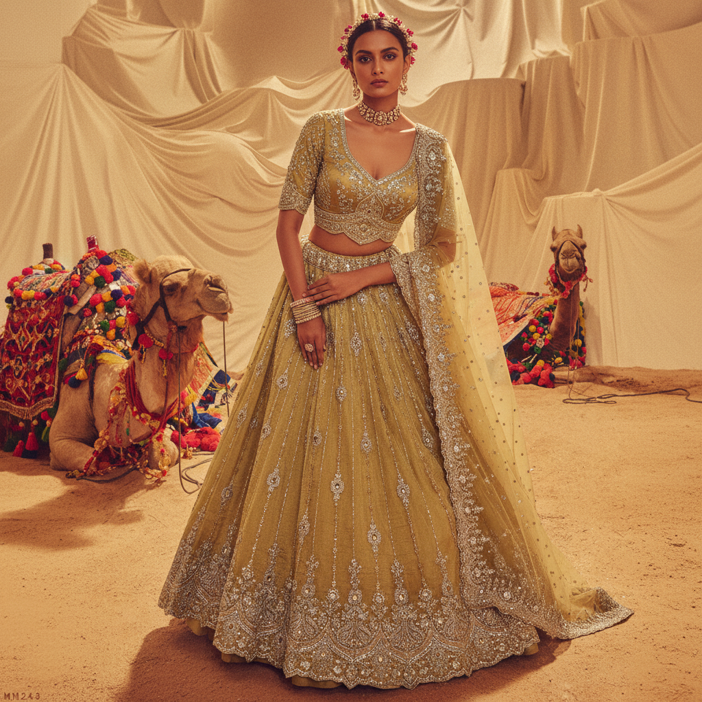 Damsel - Topaz Stone Setting Tissue Handwork Lehenga - Somber Yellow