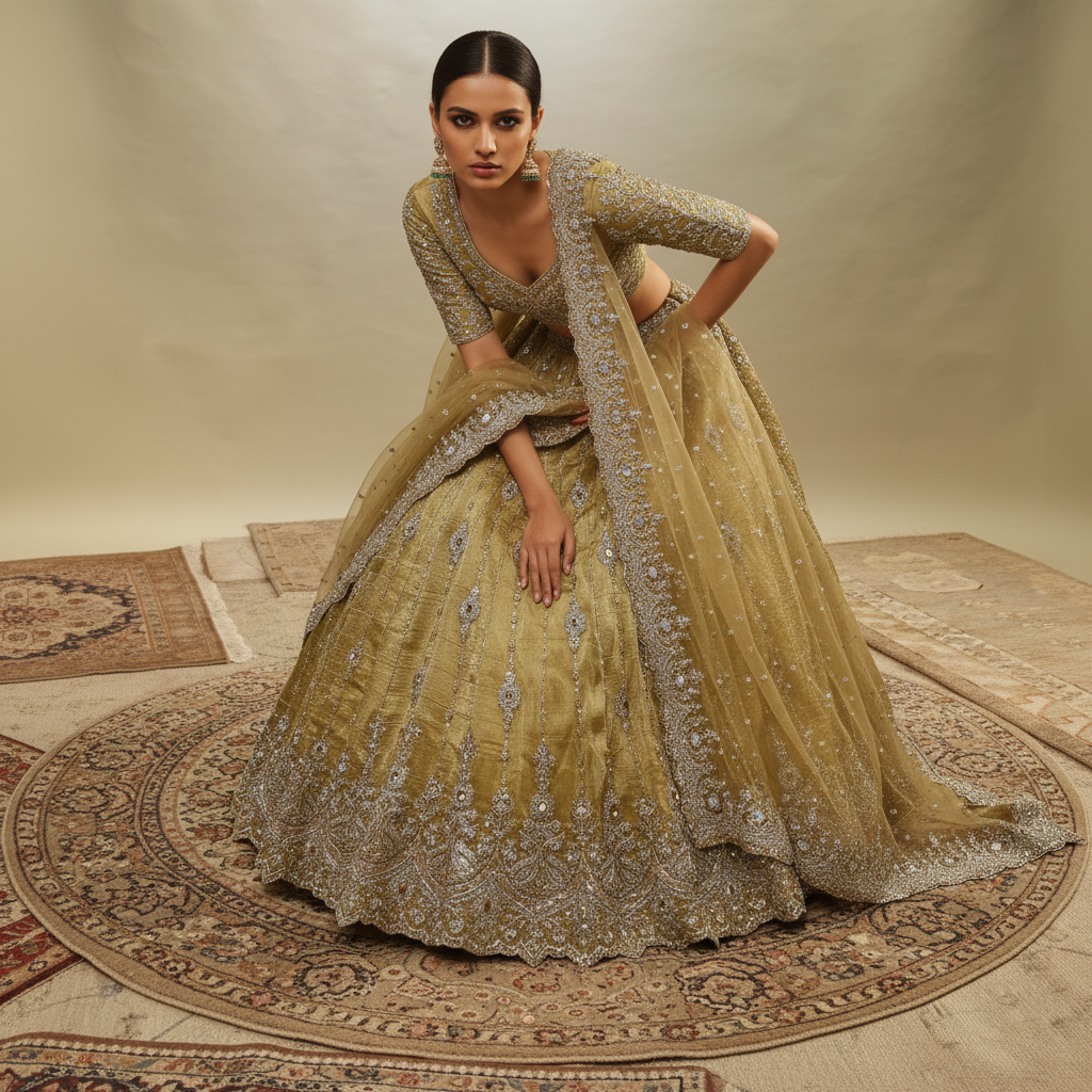Damsel - Topaz Stone Setting Tissue Handwork Lehenga - Somber Yellow