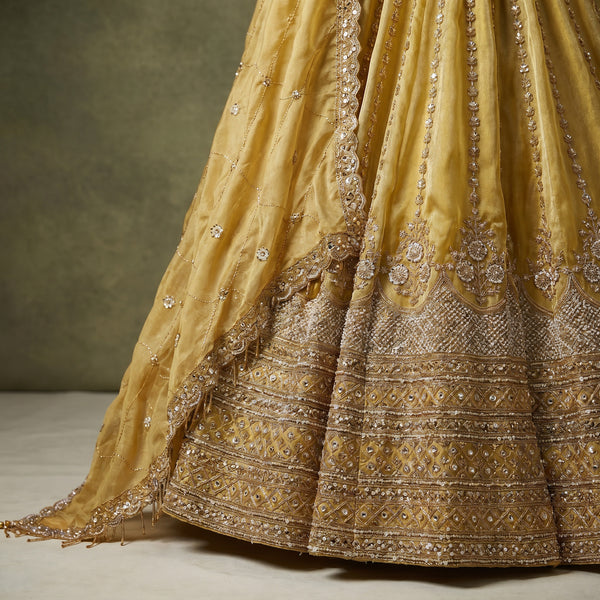 Mustard-gold designer lehenga skirt with bead and cutdana embroidery border