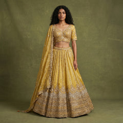 Gold embroidered lehenga with V-neck blouse, flared skirt and matching dupatta