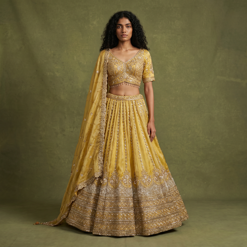 Mustard gold lehenga with beaded bodice, skirt, and embroidered dupatta