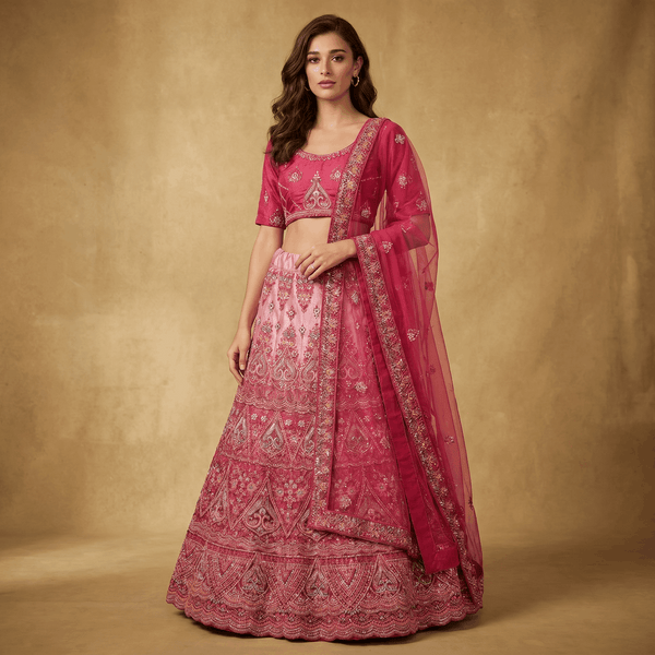 Pink embroidered net lehenga with sequined blouse and sheer dupatta