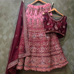 Maroon and pink embellished lehenga set with net dupatta and embroidered blouse