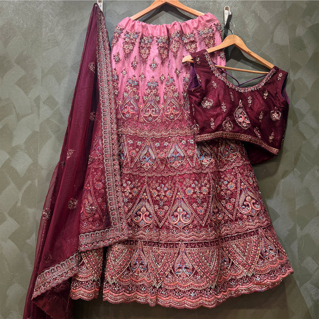 Maroon and pink embellished lehenga set with net dupatta and embroidered blouse