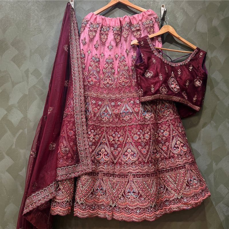 Maroon and pink embellished lehenga set with net dupatta and embroidered blouse