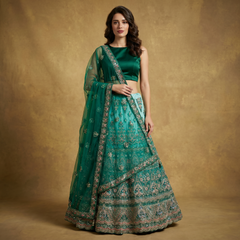 Green satin lehenga with teal embroidered border and net dupatta